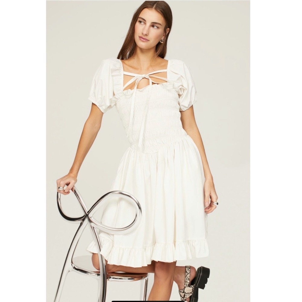 Sandy Liang Kleen White Smocked Puff Sleeve Tie Front Mini Dress Size 8